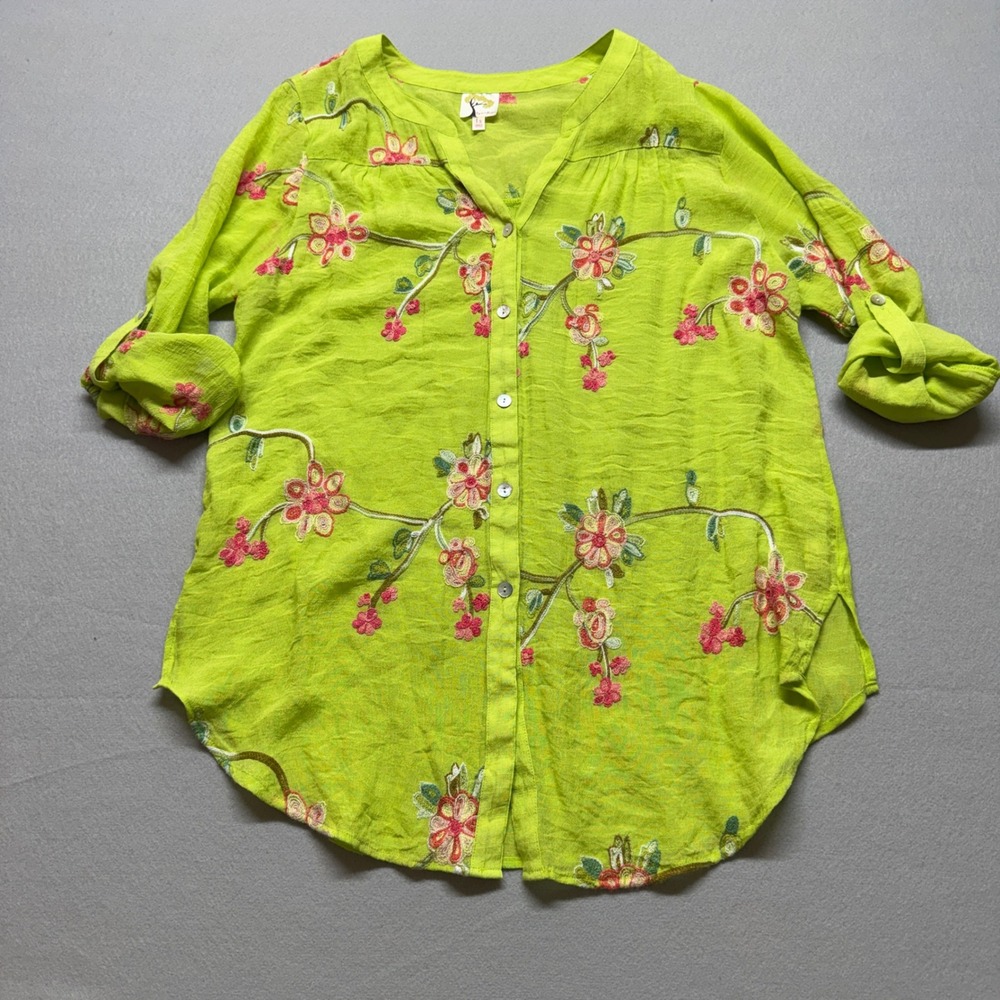 Fig and Flower Lime Green Floral Embroidered Button Down Top 1X